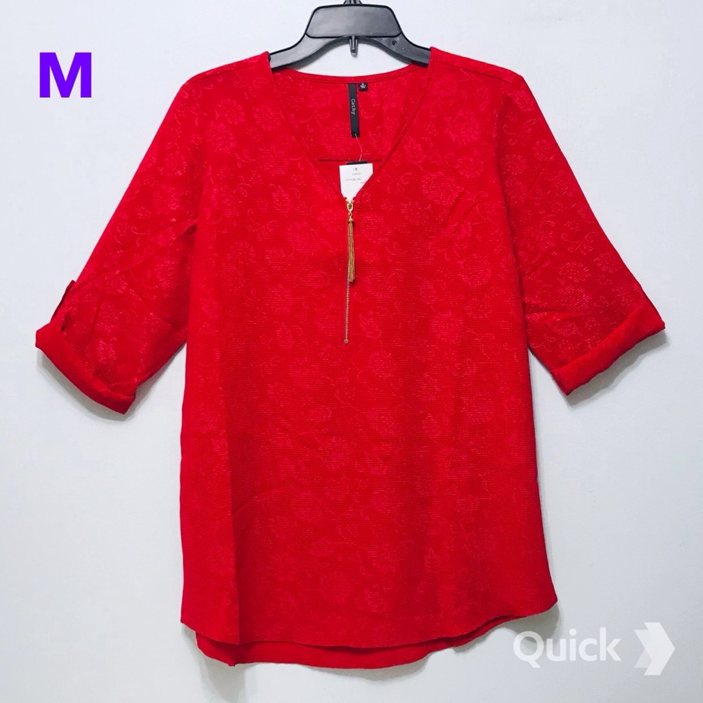 sz M - NWT Red Roll 3/4 Sleeve Zip Henley Shirt